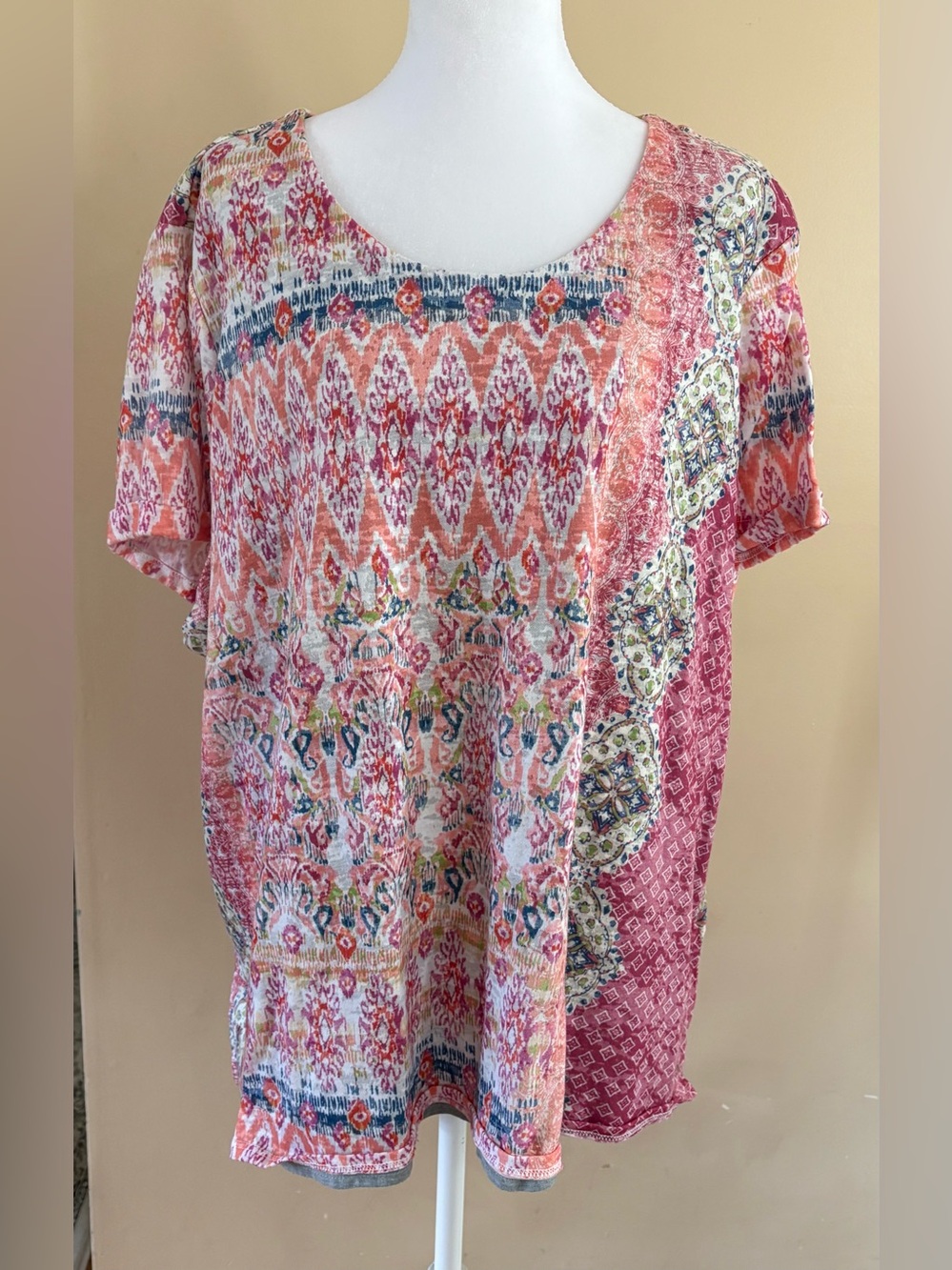 Coldwater Creek Pink Multi-Pattern Short Sleeve Scoop Neck Top
